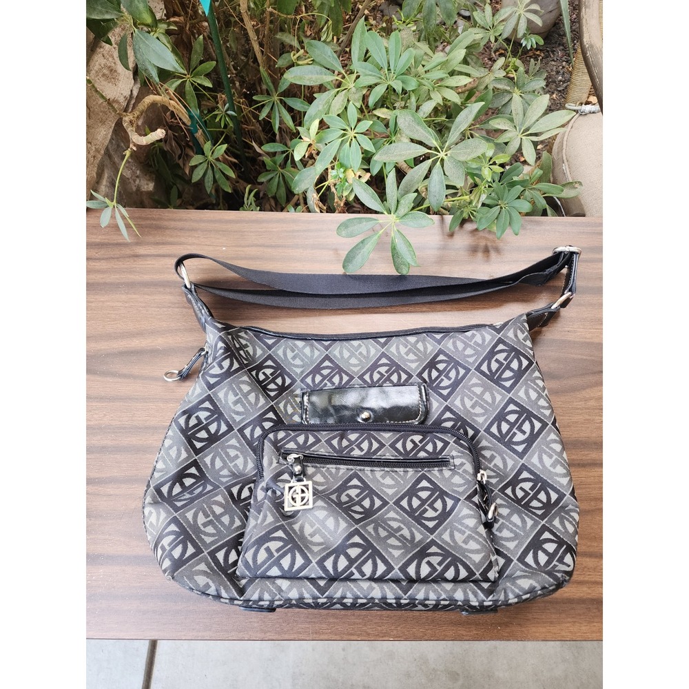 Giani Bernini Gray Black Monogram Shoulder Crossbody Bag Multi Pocket GB